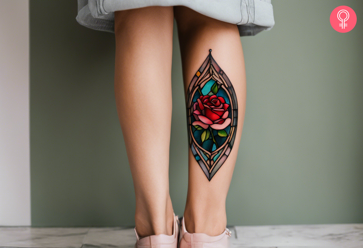 A stained glass rose tattoo on the calf