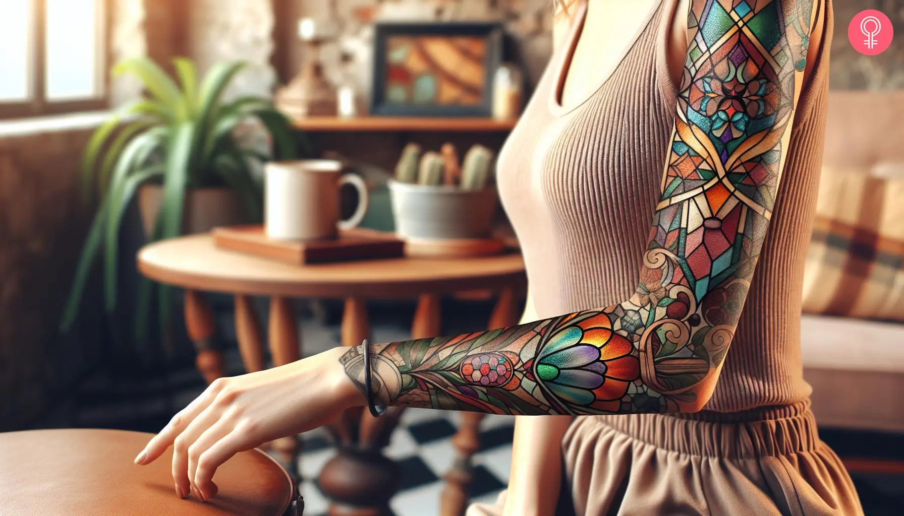 A colorful and stained glass tattoo sleeve with patterns