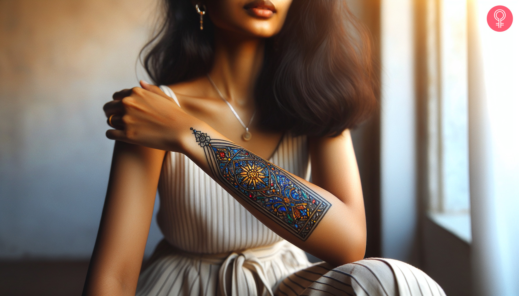 A striking colorful stained glass window tattoo on the back of the forearm