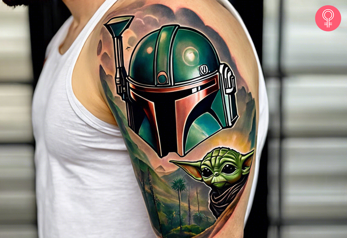 Star Wars Grogu and Mandalorian helmet tattoo on the upper arm