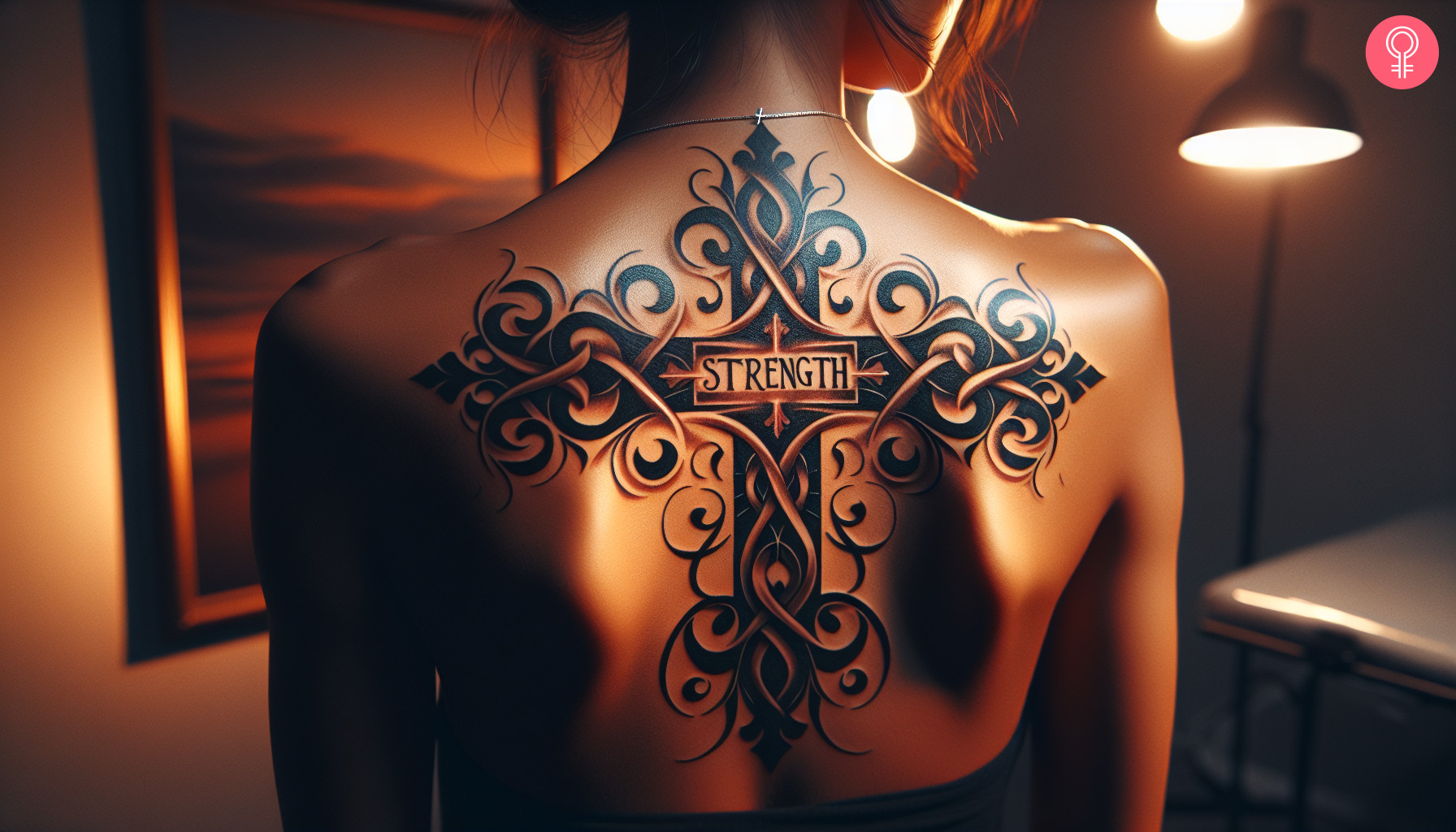 Woman with strength cross tattoo on her upper back