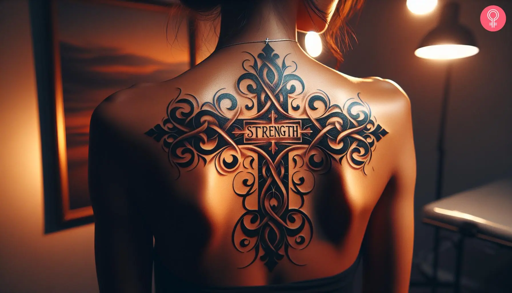 Woman with strength cross tattoo on her upper back