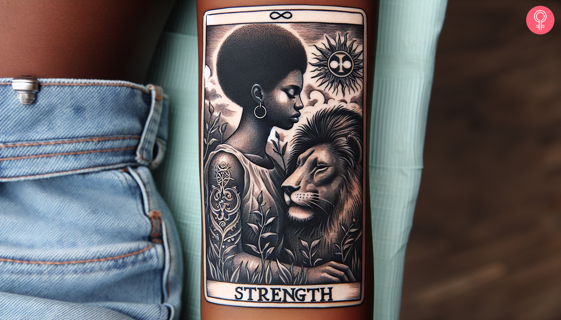 Woman with strength tarot card tattoo on her forearm