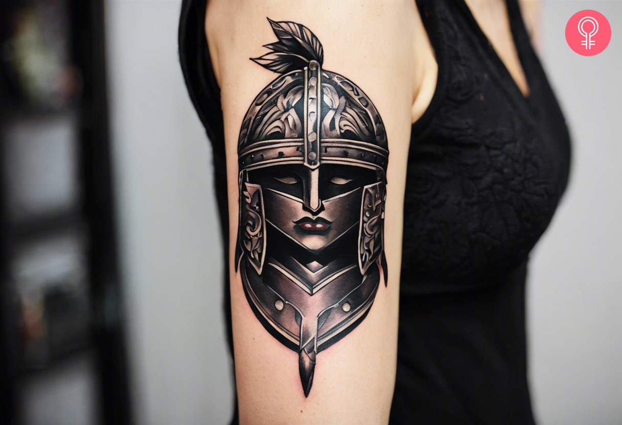 Woman with strength warrior symbol tattoo on her outer arm