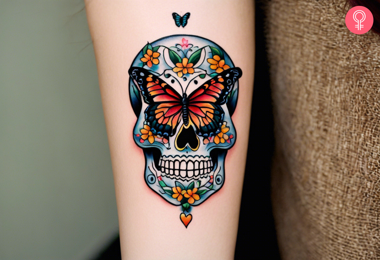 Sugar skull butterfly tattoo on a woman’s arm