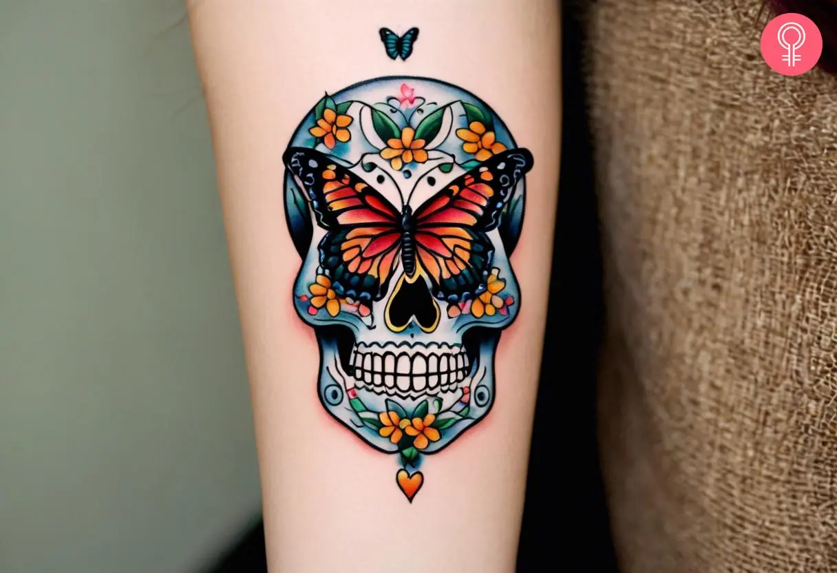 Sugar skull butterfly tattoo on a woman’s arm