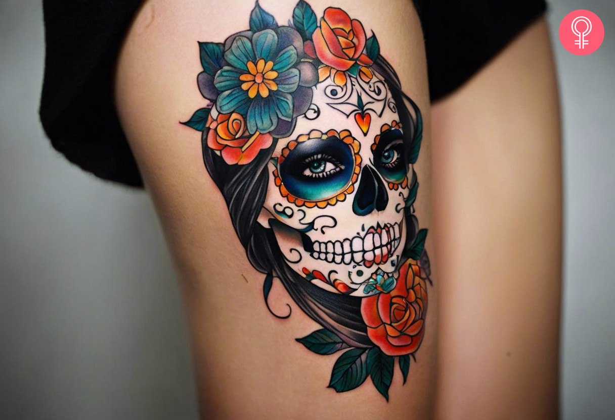 Sugar skull thigh tattoo on a woman