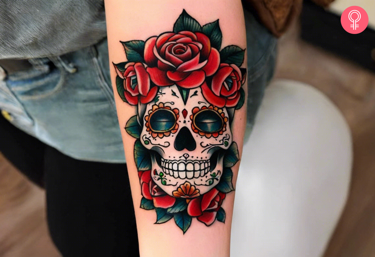 Sugar skull with roses tattoo