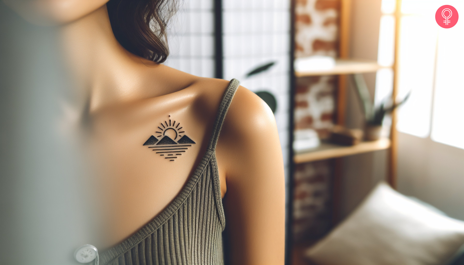 A woman with a sun rising from mountains tattoo under the collarbone.