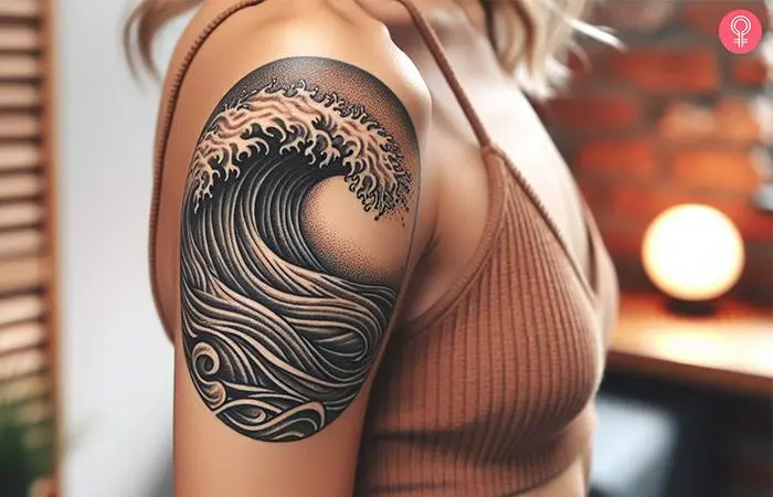 Woman with a surf wave tattoo on the upper arm