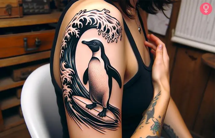 Woman with a surfing skeleton tattoo on the upper arm