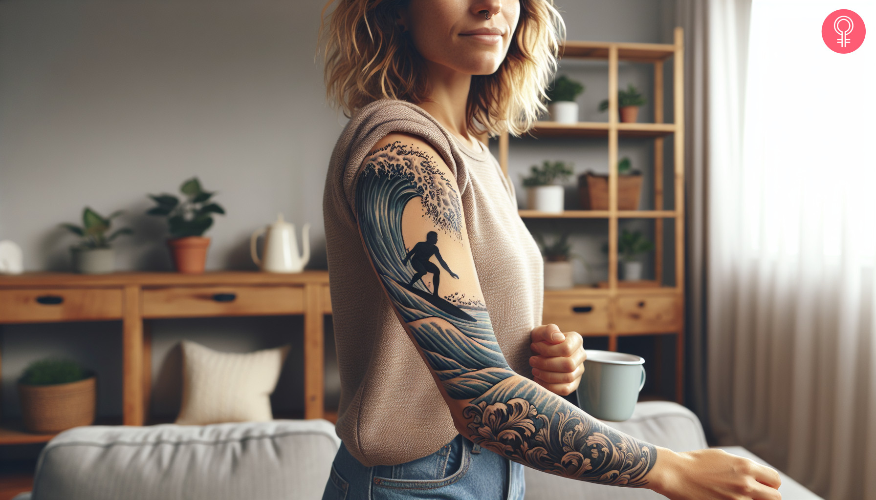 Woman with a surfing tattoo sleeve on the arm