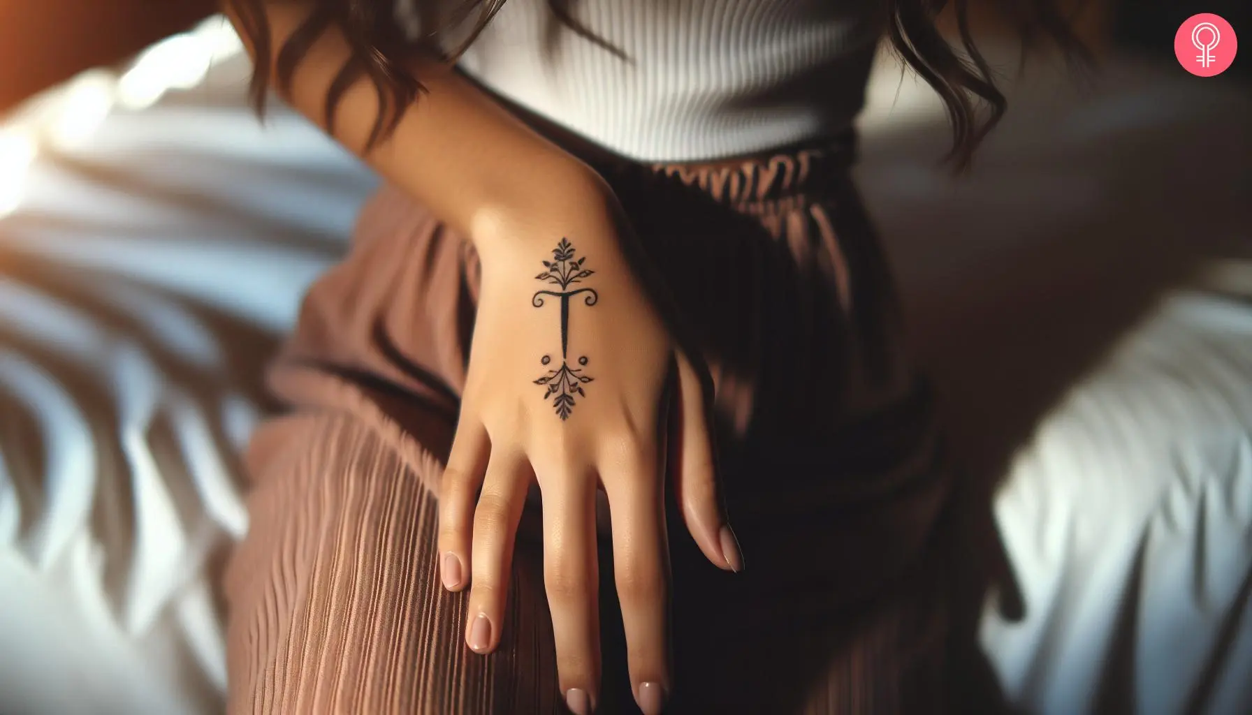 A woman wearing a ‘T hand’ tattoo.