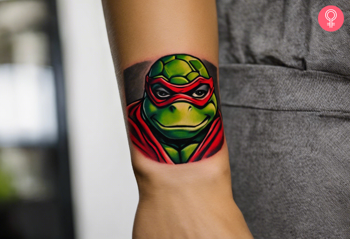 A close-up tattoo of Raphael’s face that captures his mask