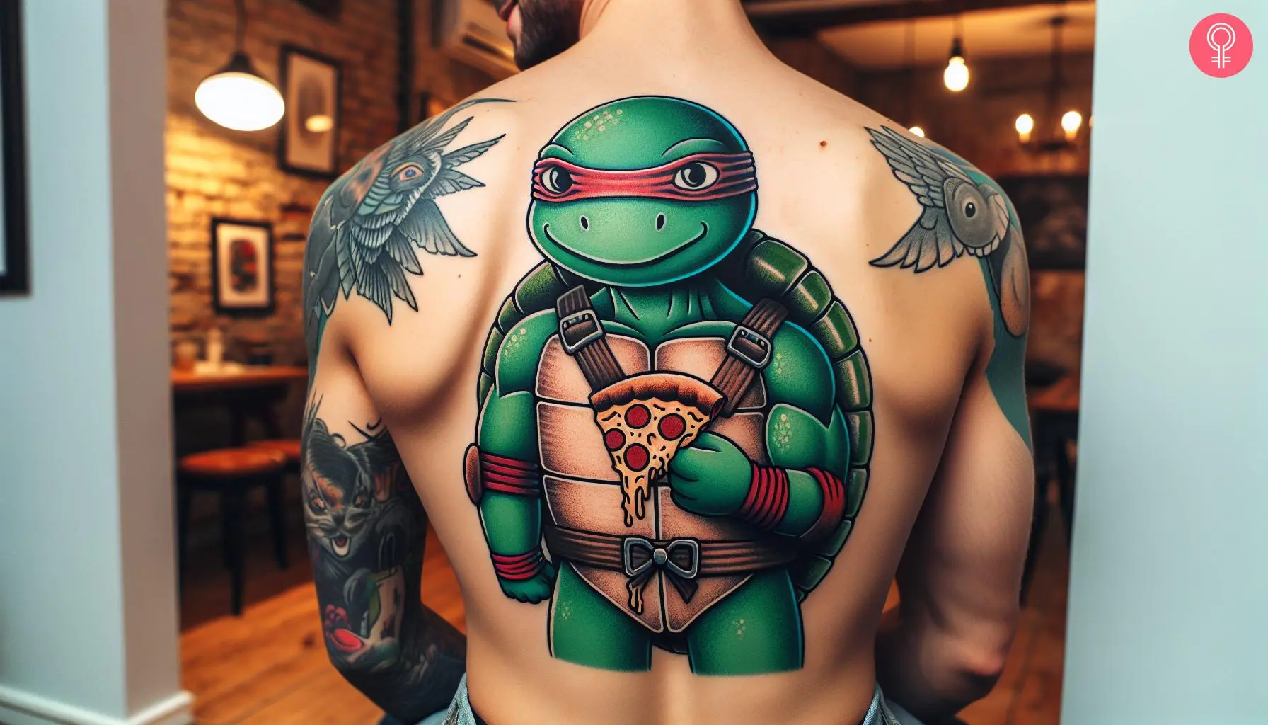 A colorful tattoo with Raphael holding a slice of pizza