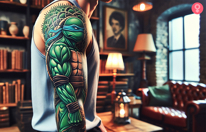 A TMNT tattoo sleeve featuring Leonardo