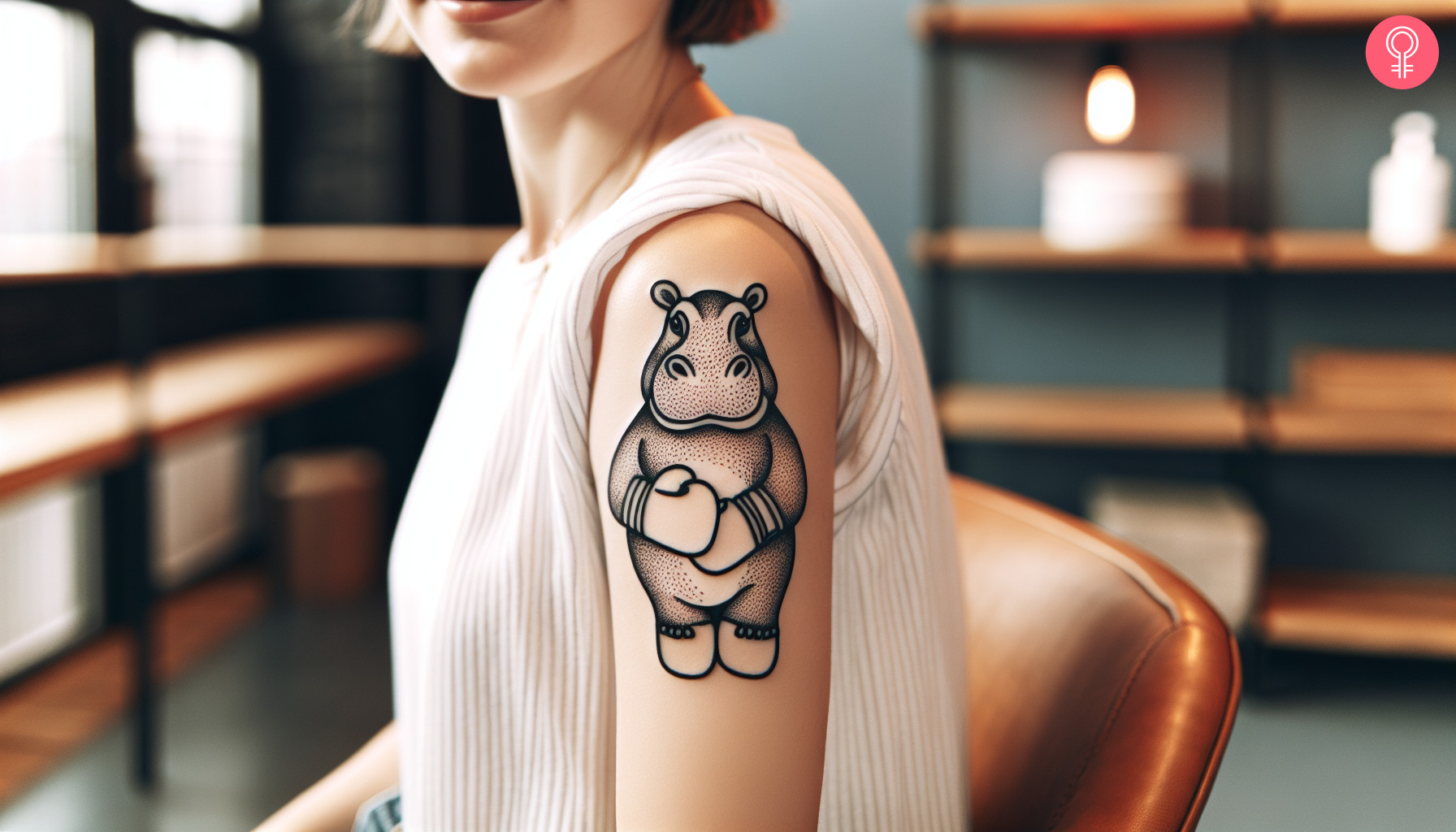 Tattoo of a hippo wearing boxing gloves on the upper arm of a woman