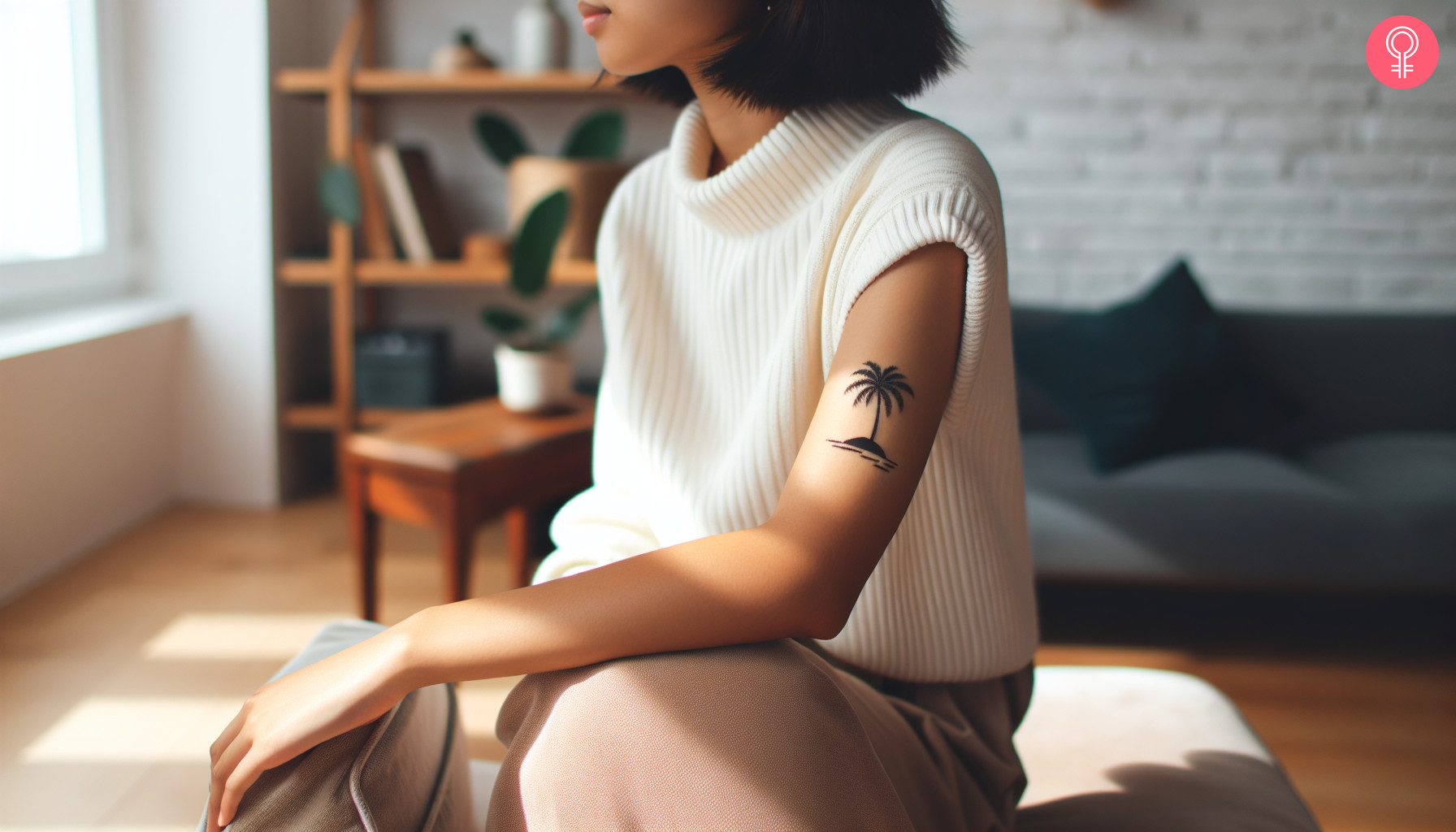 Tattoo of a palm tree on an island etched on a woman’s arm