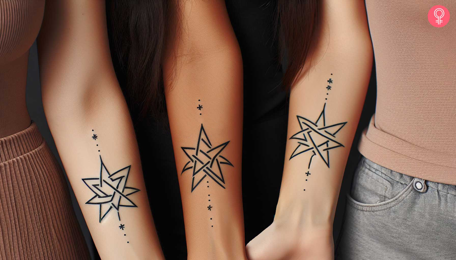 Three girls with matching star tattoos on the forearm