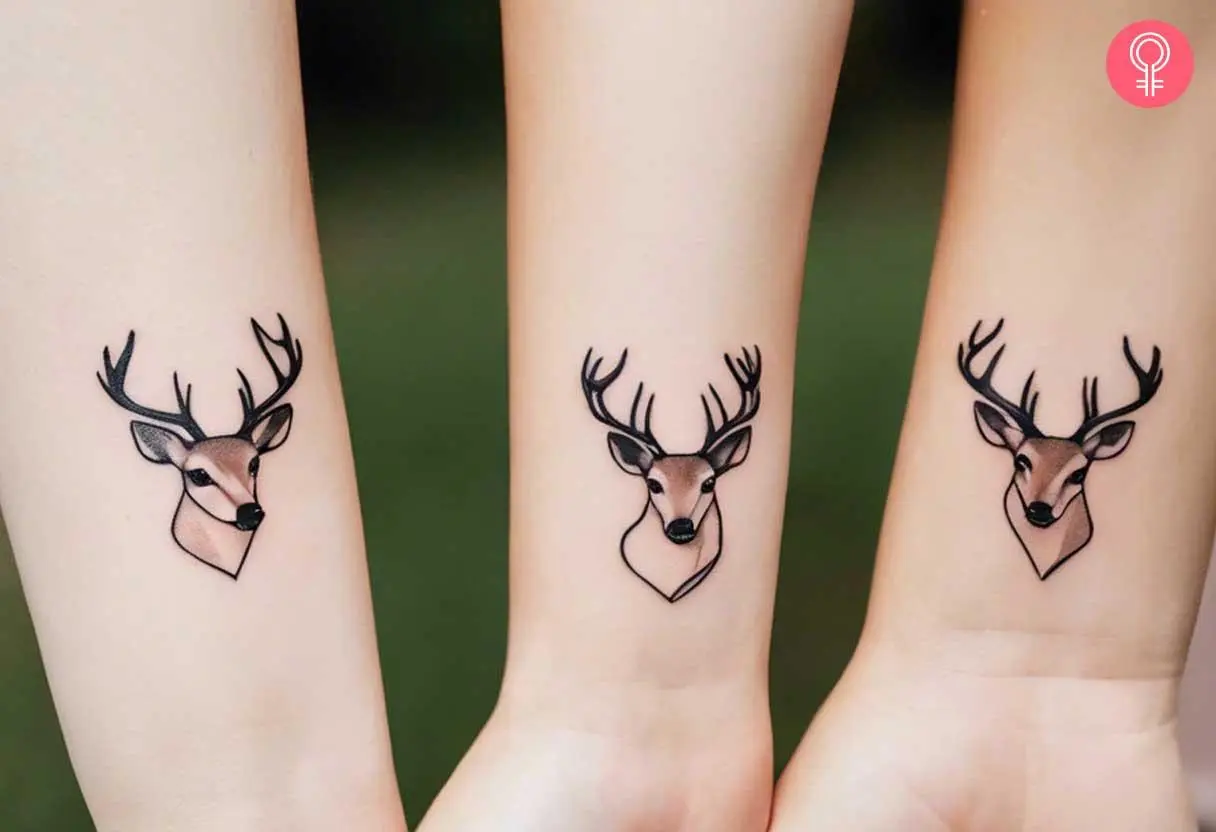 Three guys with matching deer tattoos on the wrists