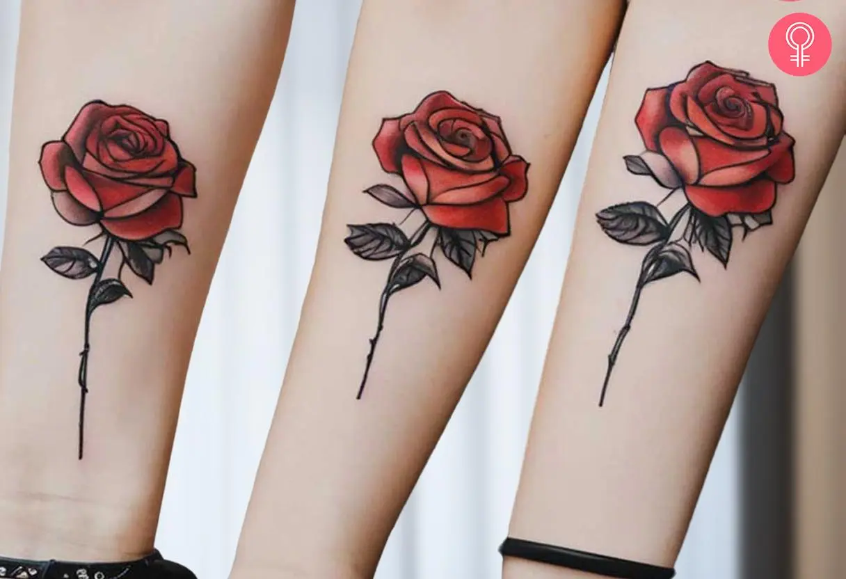 Three siblings with traditional red rose tattoos on their forearms