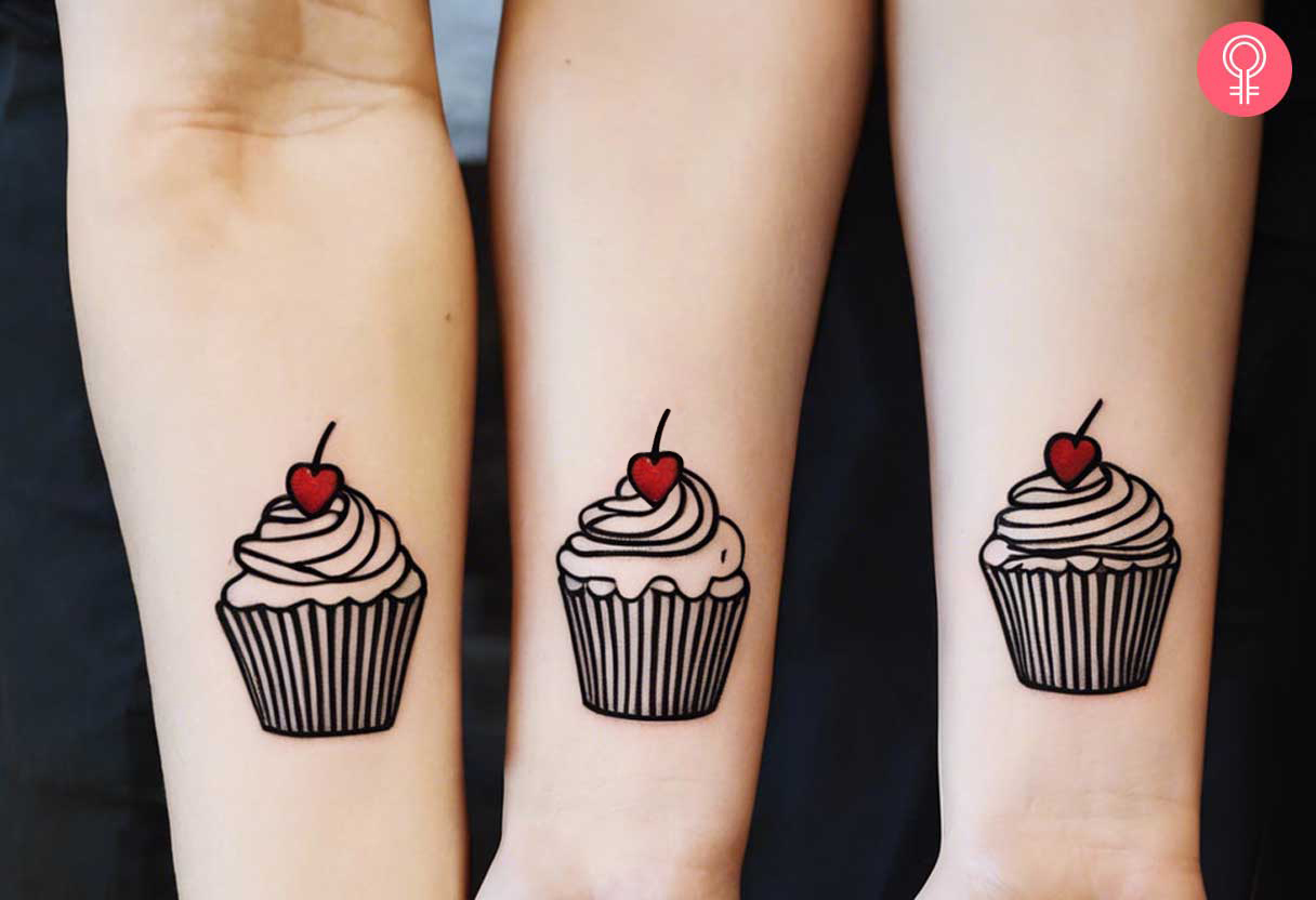 Three sisters with matching cupcake tattoos on their forearms