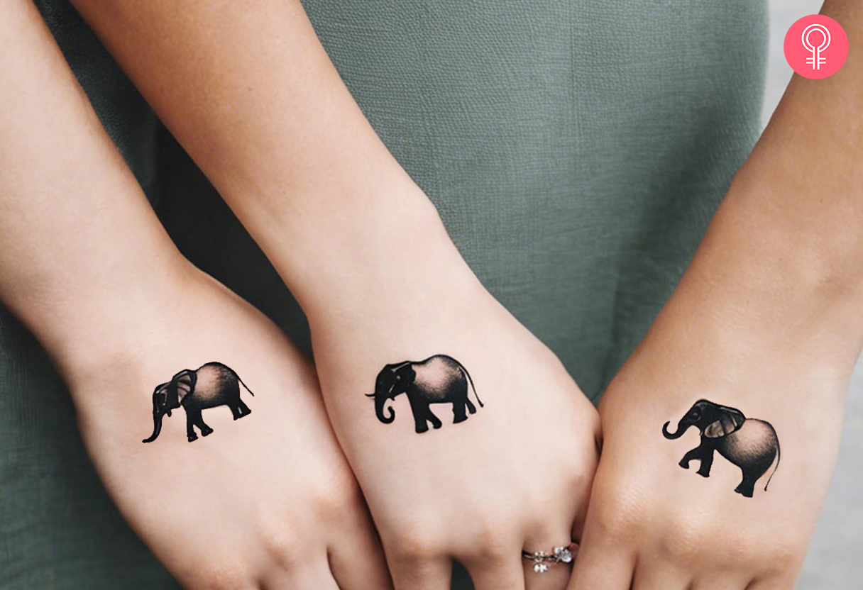 Three woman with matching elephant hand tattoos