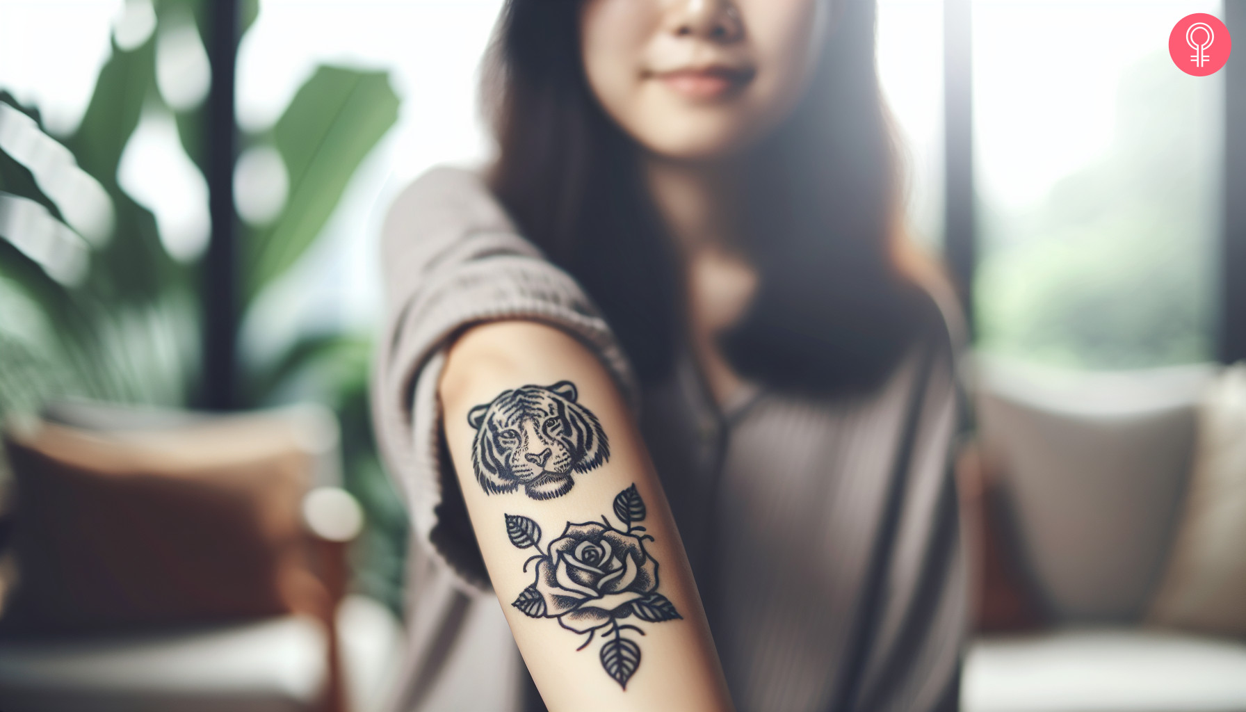 A woman with a black tiger rose tattoo on her forearm