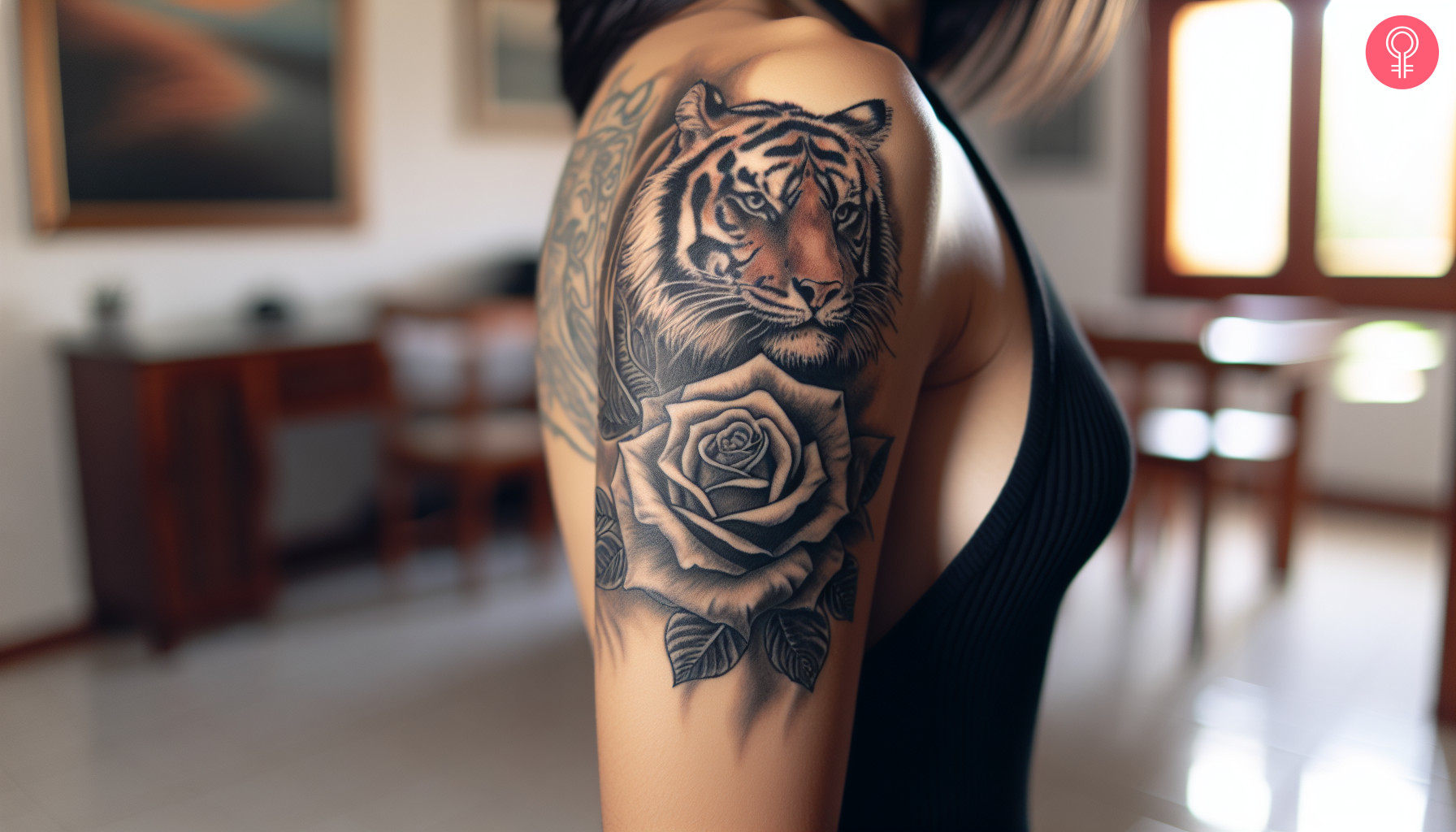 A woman with a tiger rose tattoo on her upper arm