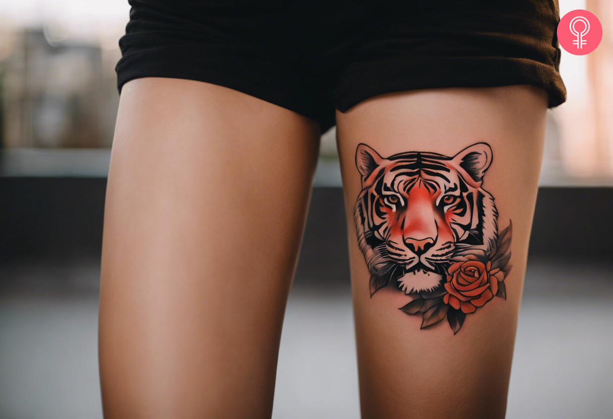 A woman with a colorful tiger rose tattoo on her upper thigh