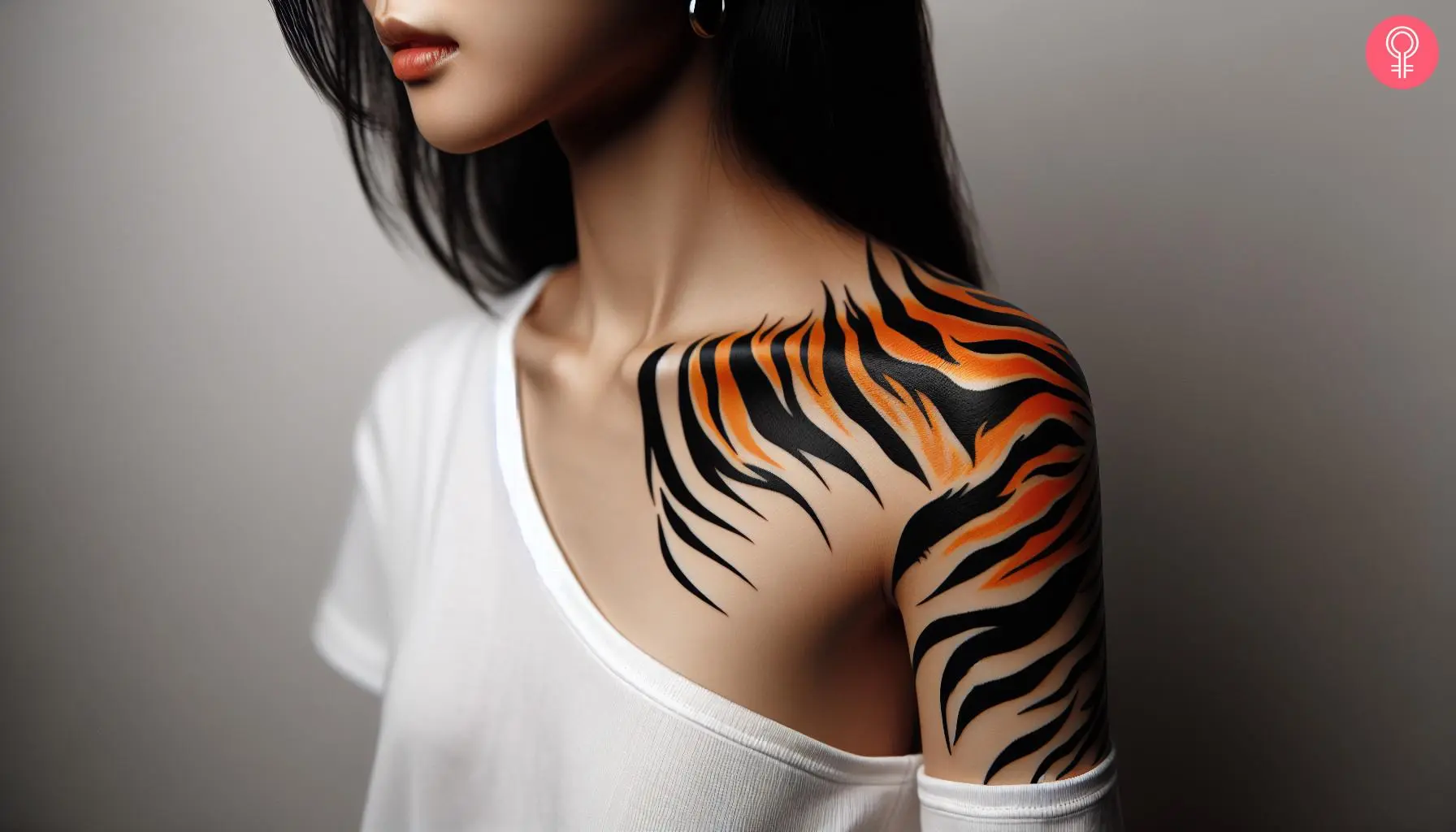 Tiger stripes tattooed on the shoulder of a woman