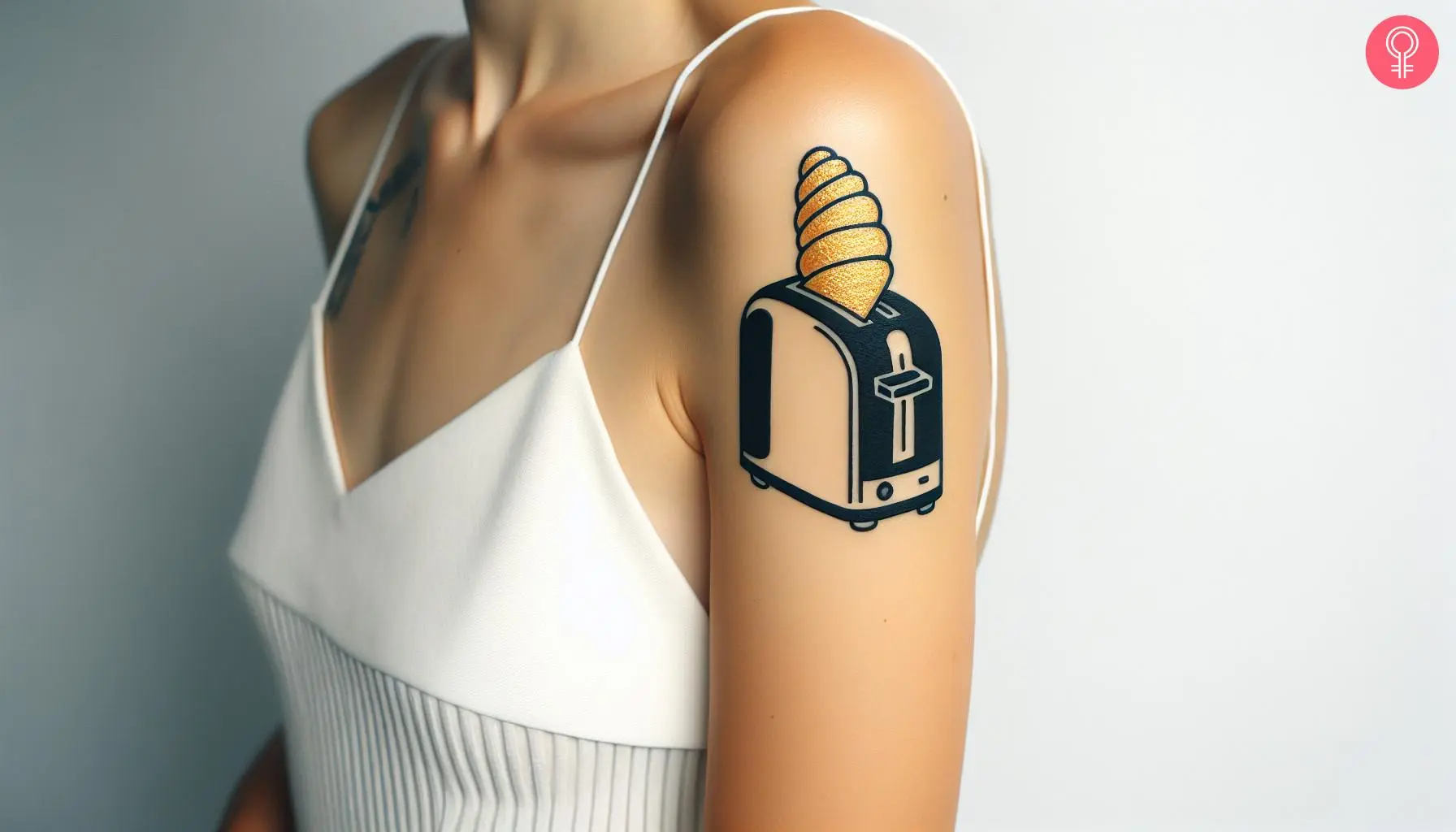 Woman with toaster croissant tattoo on her upper arm