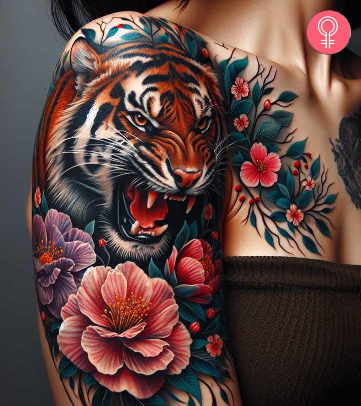 A woman with a colored Chinese zodiac tiger tattoo on her upper arm