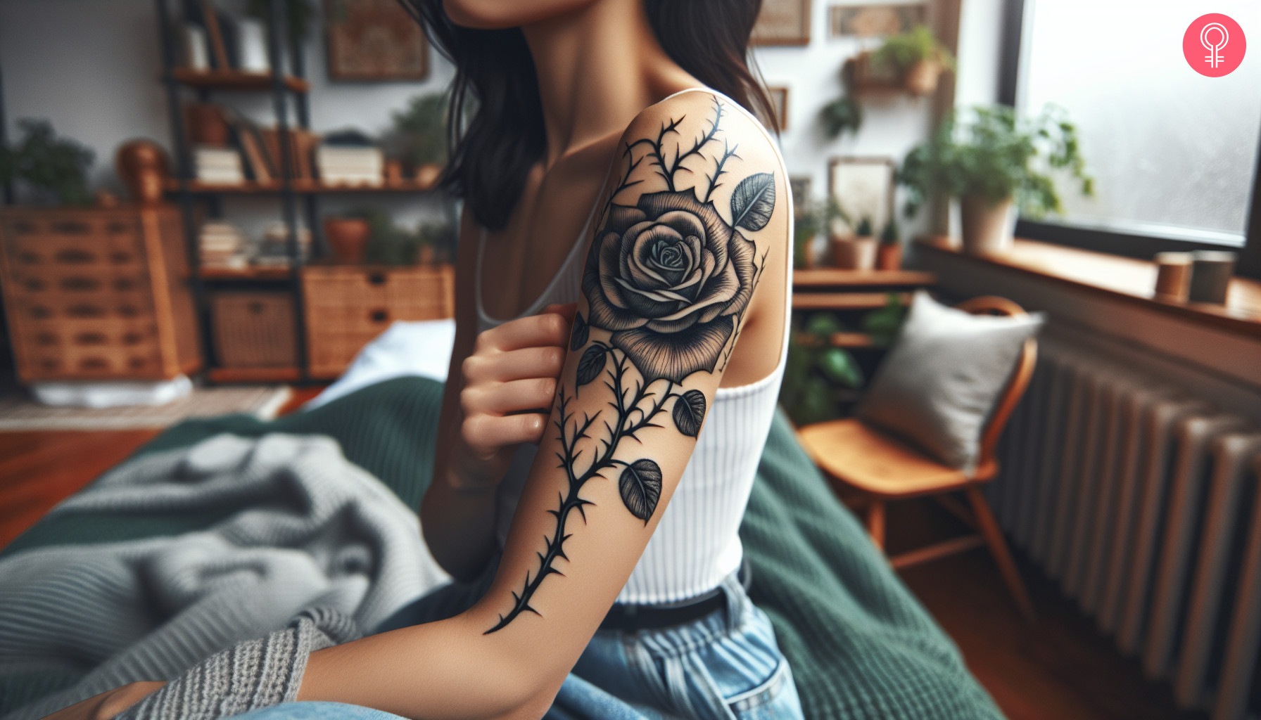 A woman with a linework traditional black rose tattoo on her arm