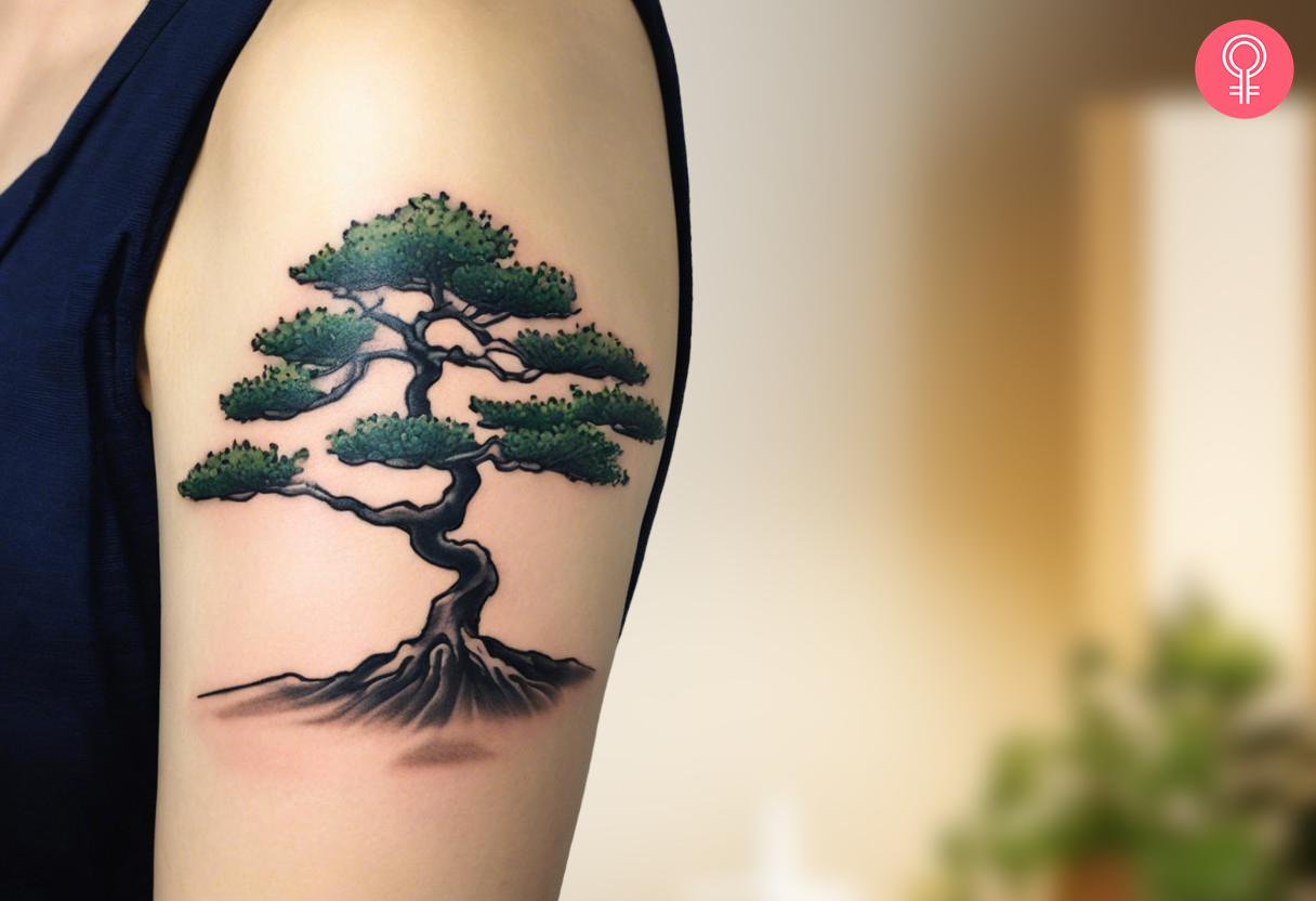 A woman with a traditional colored bonsai tree tattoo on her upper arm