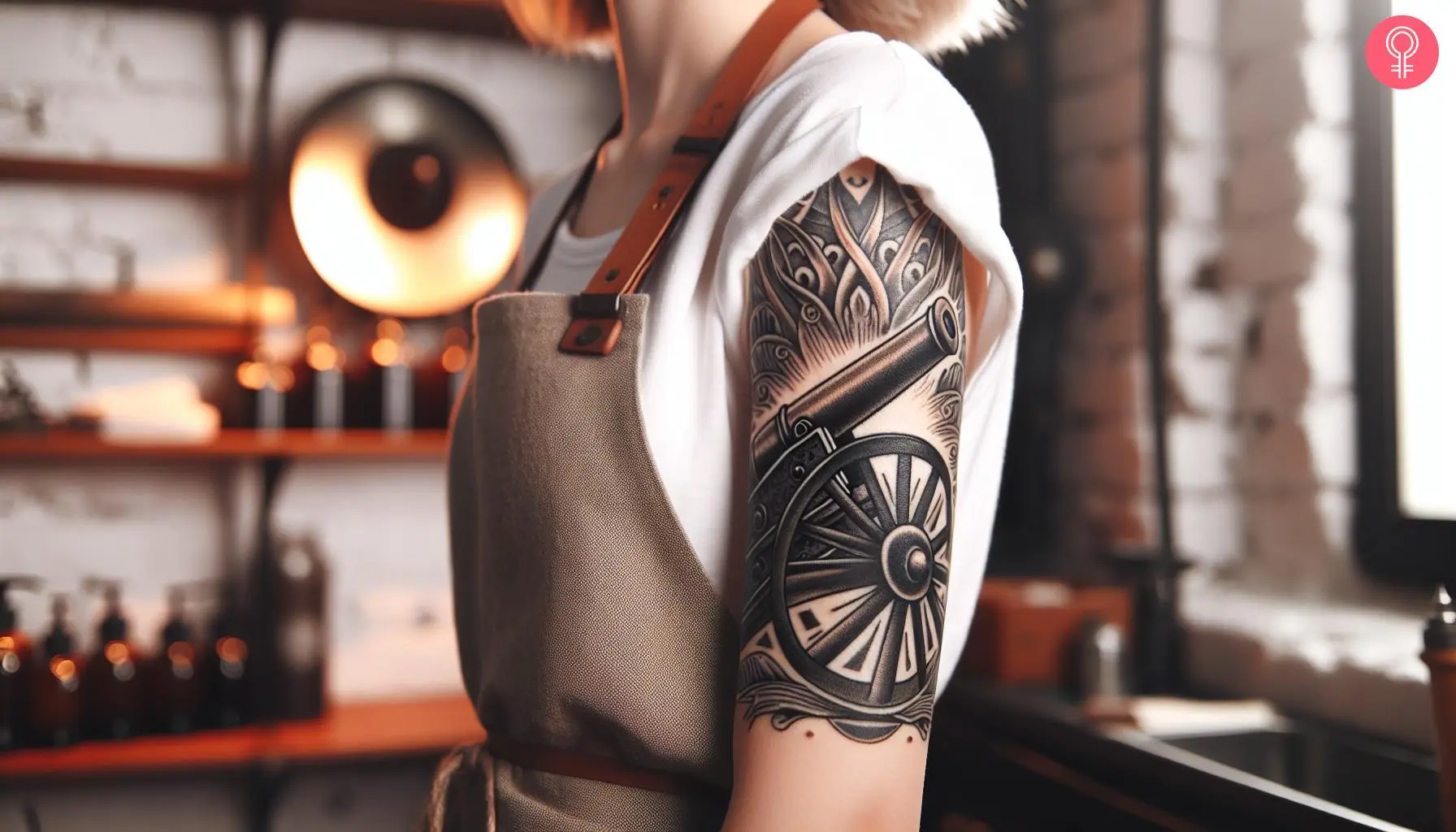 A woman with a black traditional cannon tattoo on her upper arm