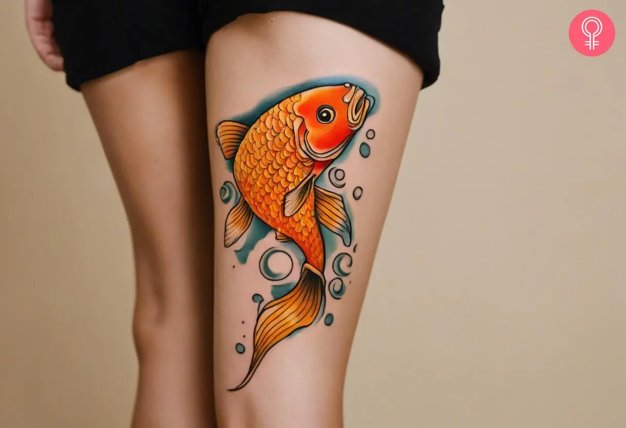 A traditional goldfish tattoo on a woman’s thigh