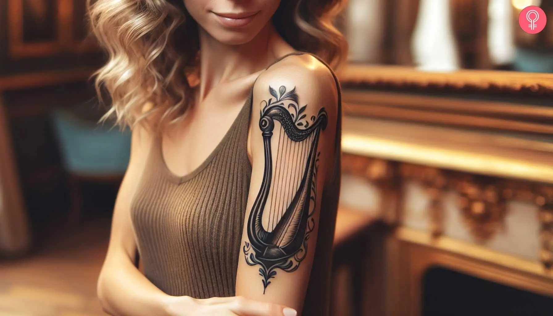 Traditional Irish harp tattoo on the arm