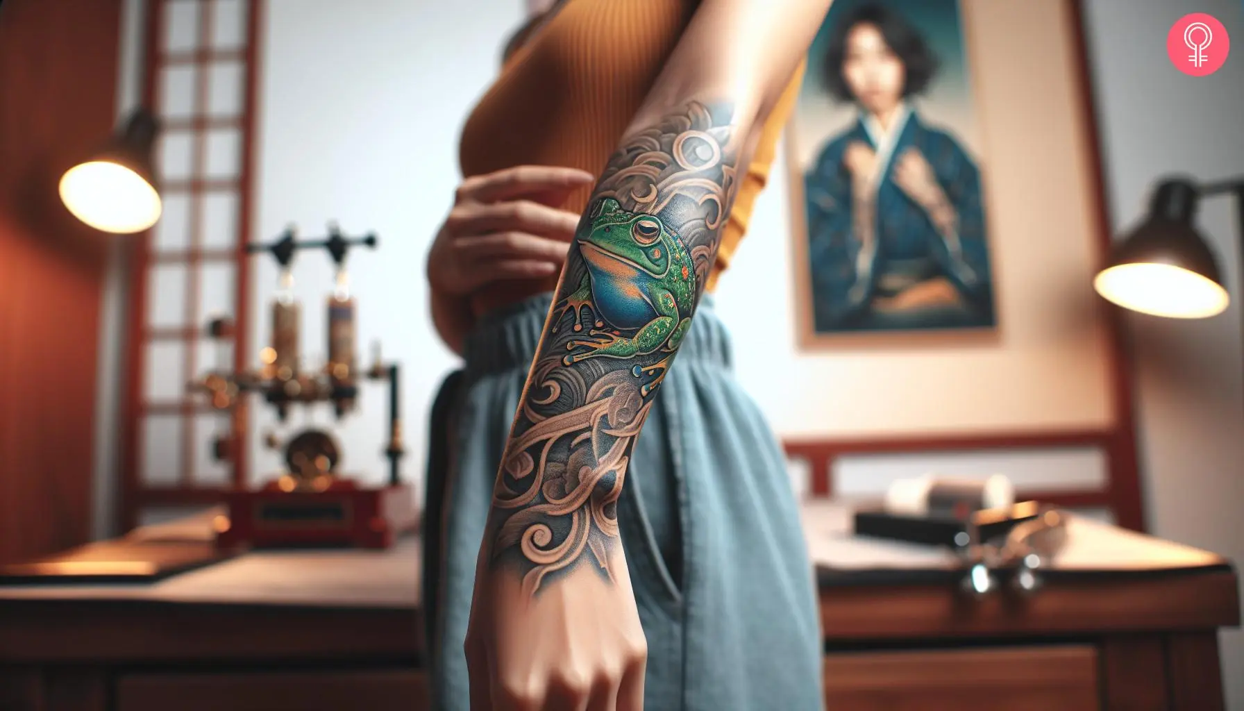 A woman with a traditional Japanese frog tattoo on her forearm