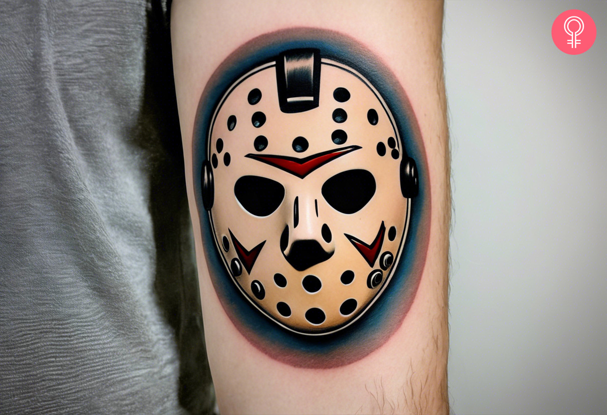 A traditional Jason mask tattoo inked on the forearm