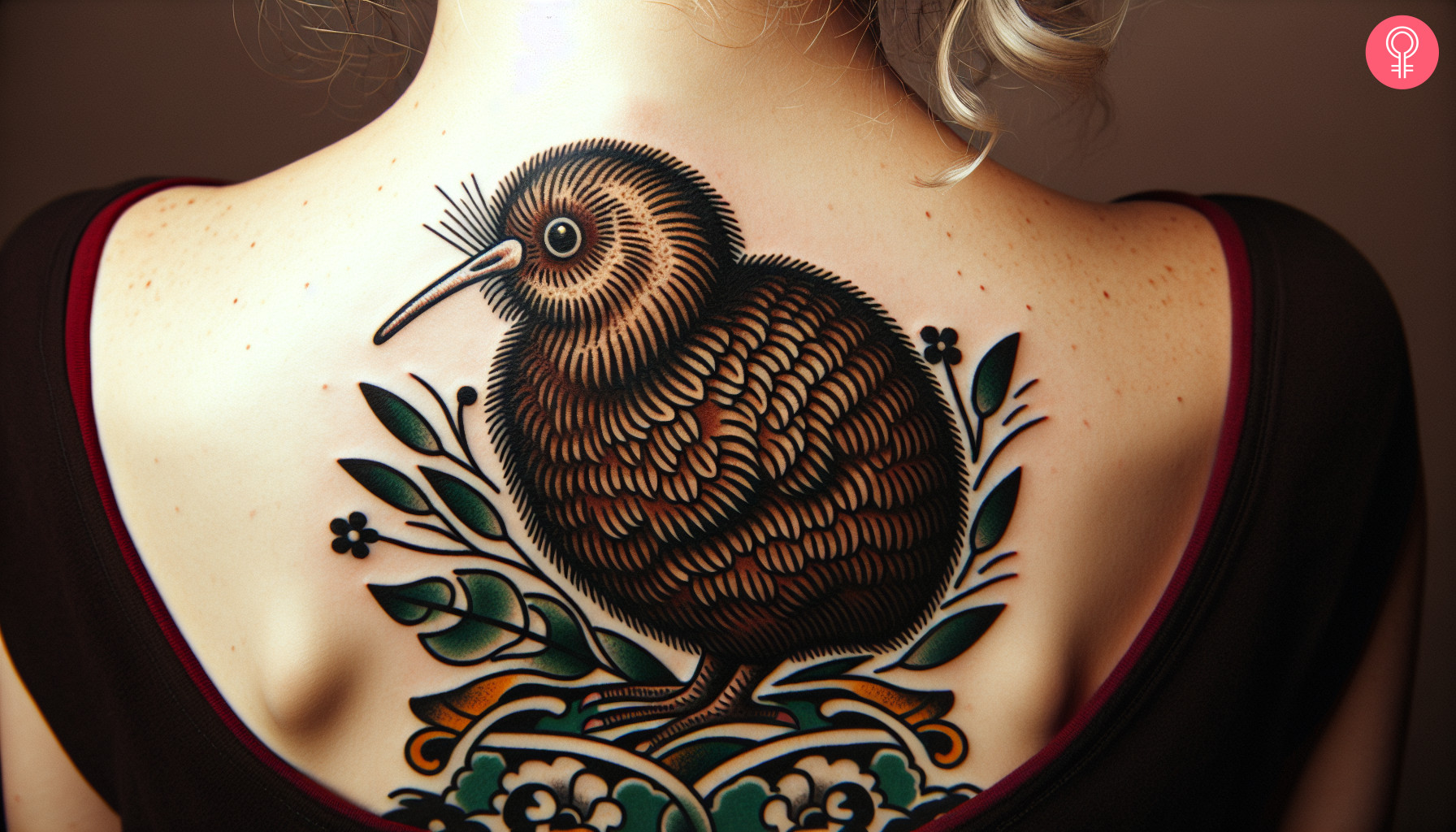 Woman with a traditional kiwi bird tattoo on her upper back