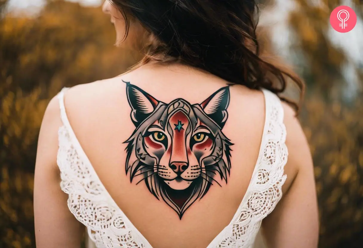 A traditional lynx tattoo on the upper back