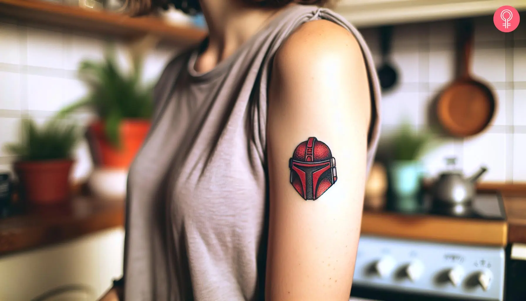 Traditional Mandalorian helmet with flowers tattoo on the upper arm