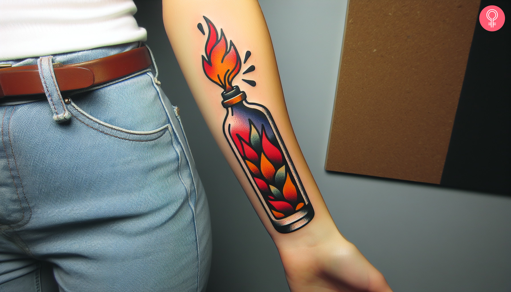 Traditional Molotov Cocktail tattoo on the forearm