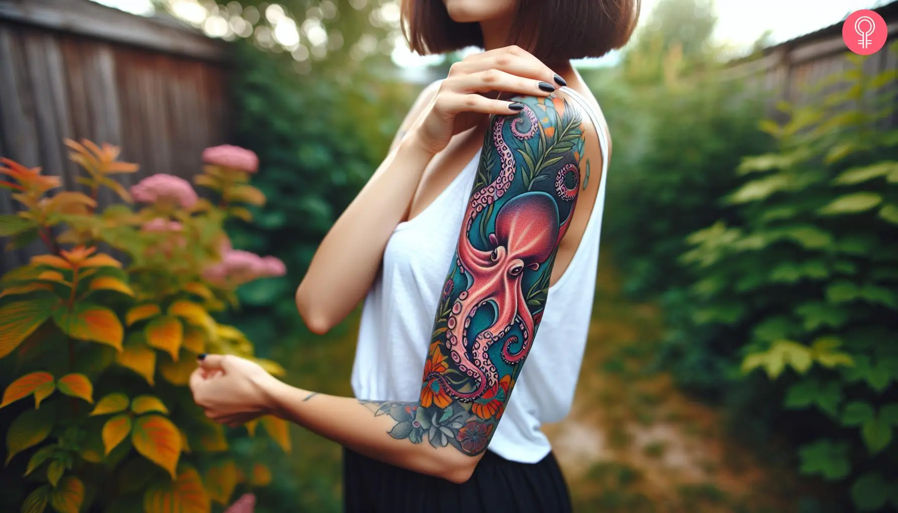 Woman with a classic octopus tattoo design with an aquatic background