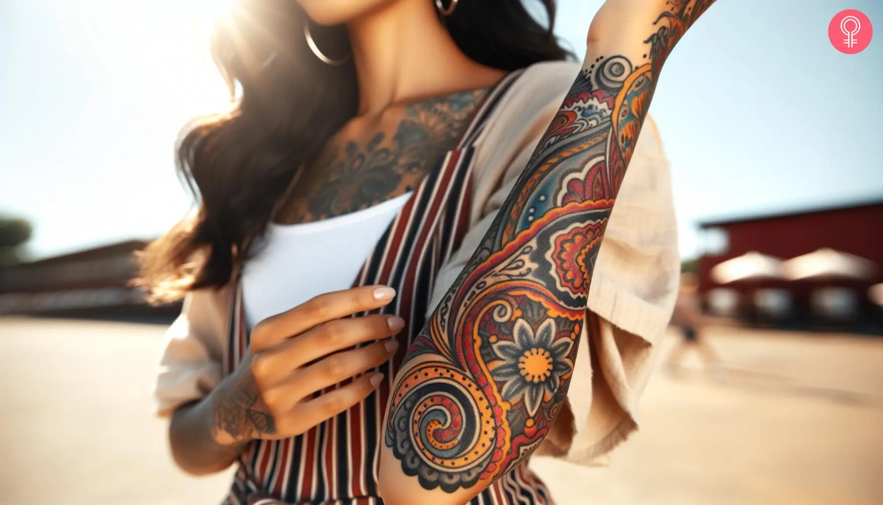 A woman with a traditional paisley tattoo with vibrant colors