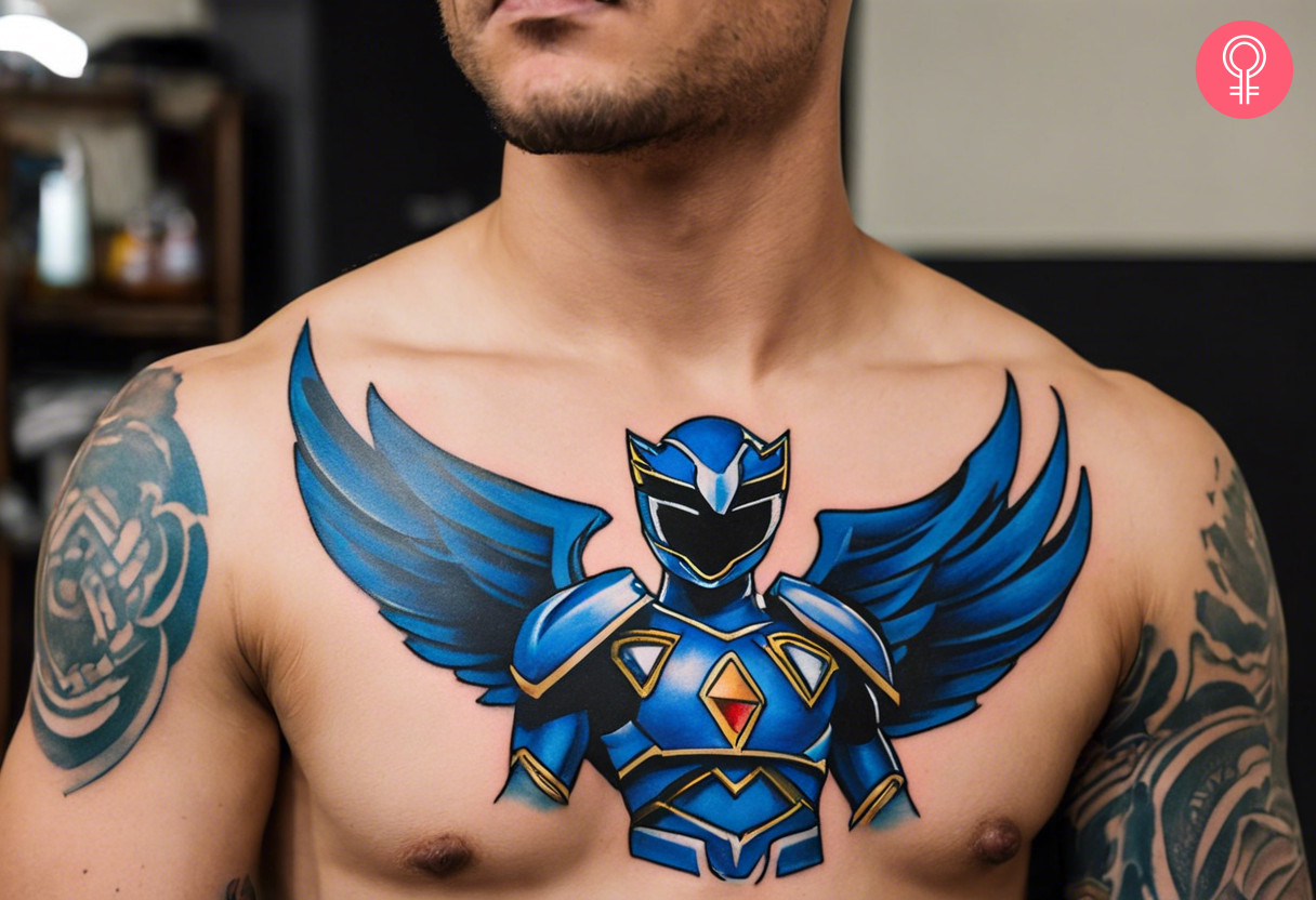 A traditional blue Power Ranger tattoo on the upper chest