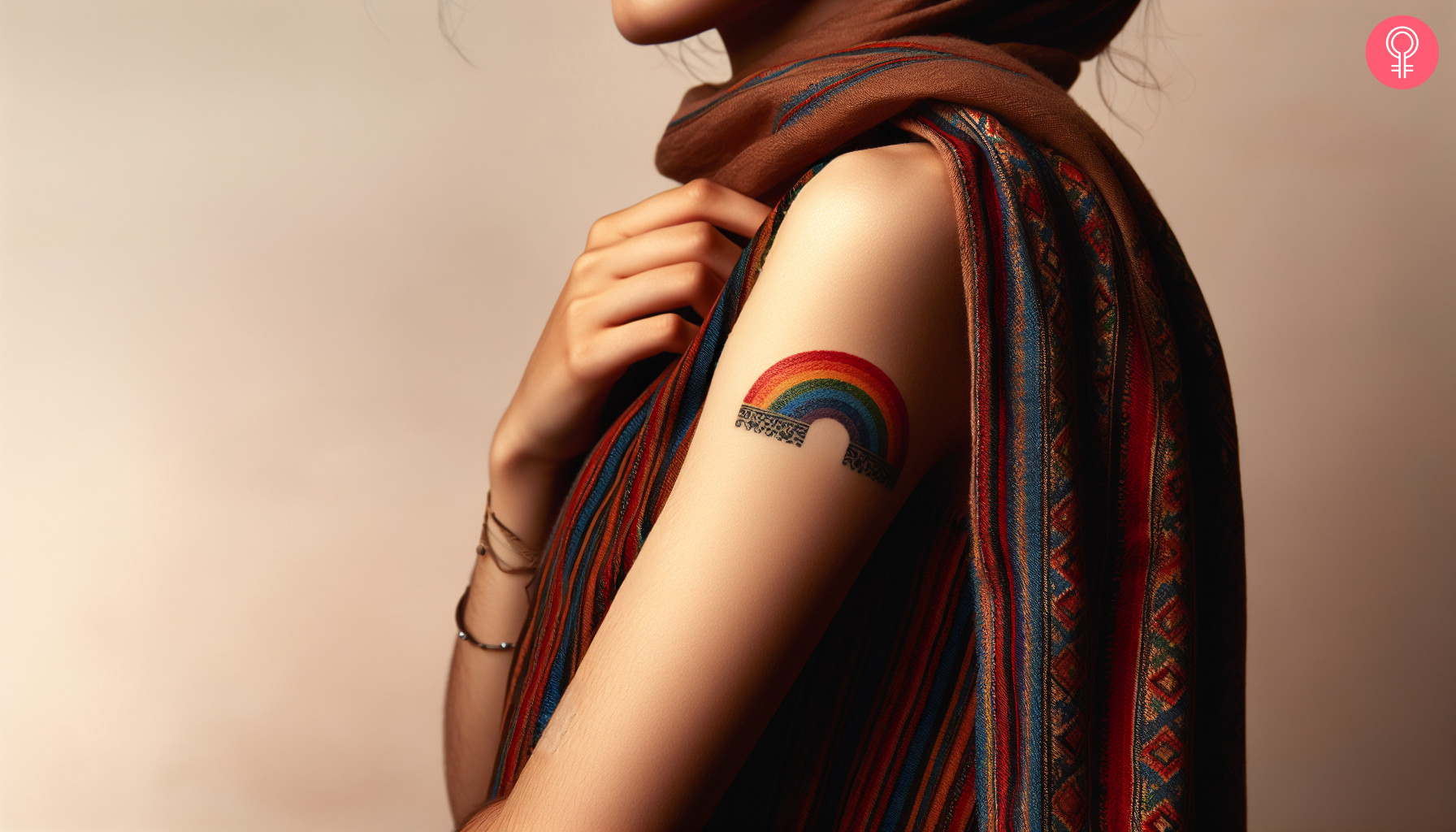 Traditional rainbow tattoo on a woman’s arm