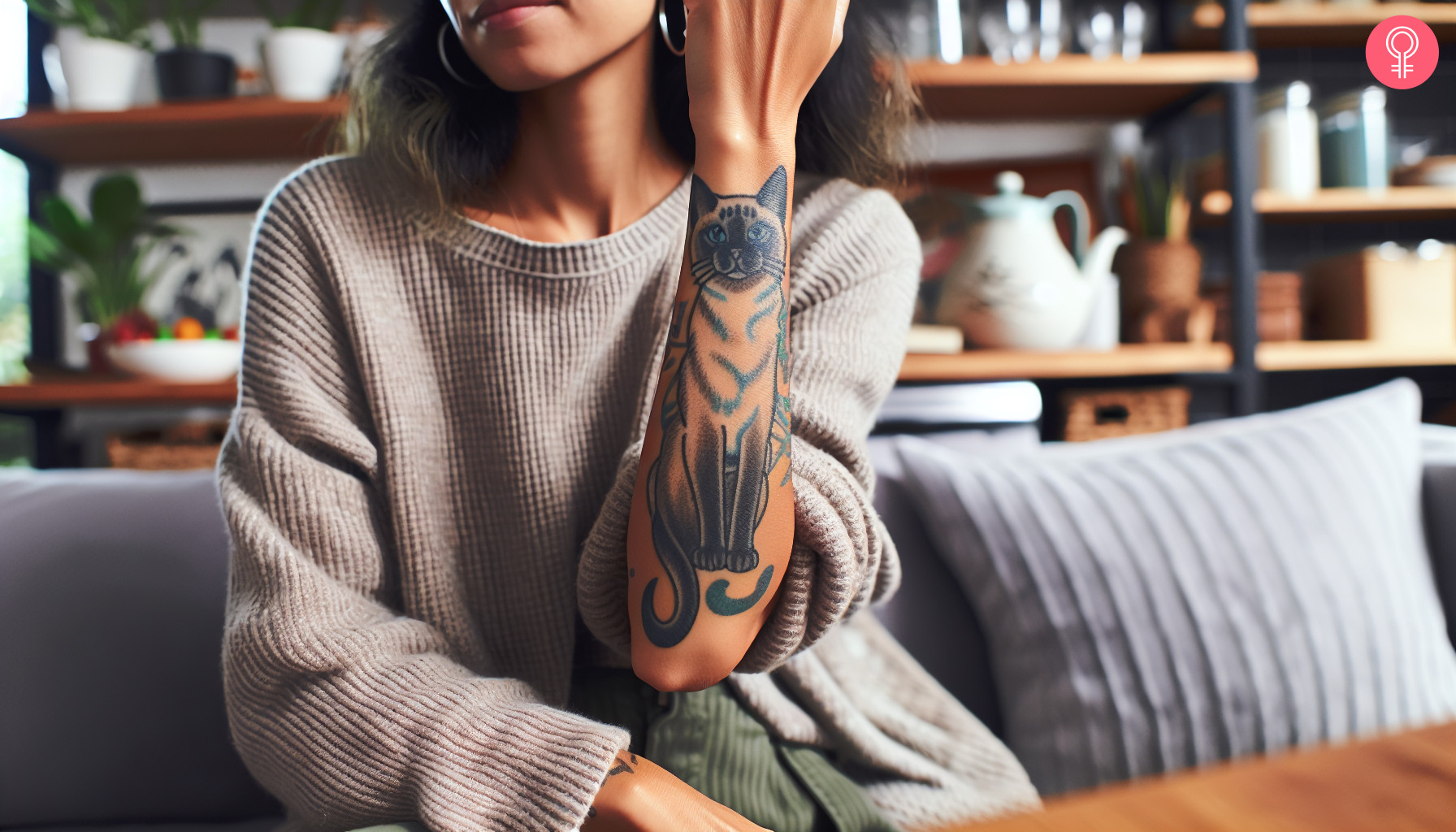 A woman with a traditional Siamese cat tattoo on the lower outer arm