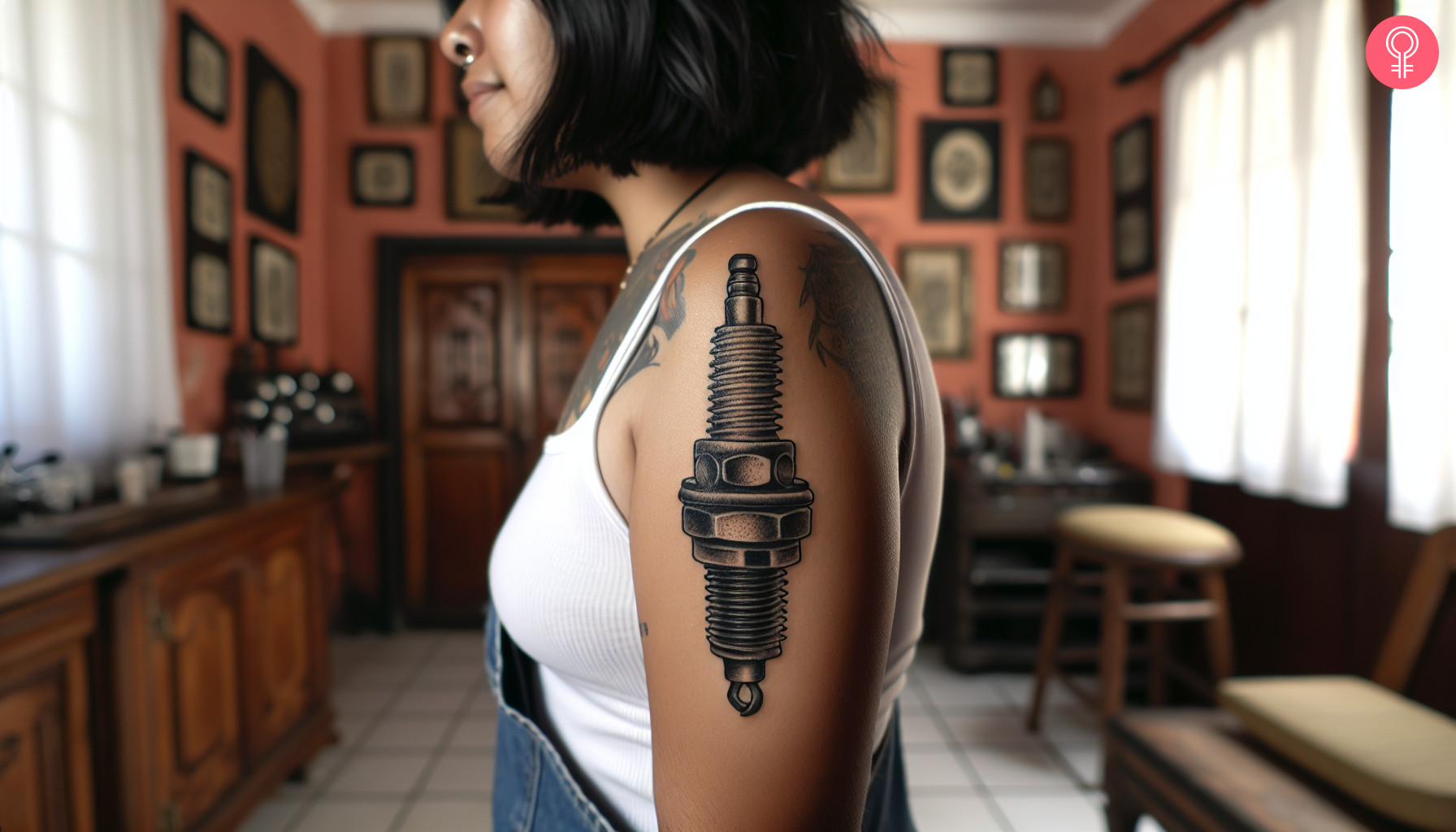 A woman with a traditional spark plug tattoo on her upper arm